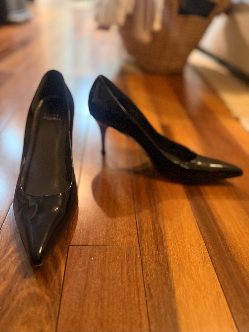 Vintage Stuart Weitzman Black Patent Pointed-Toe Stiletto Pumps with ivory heel